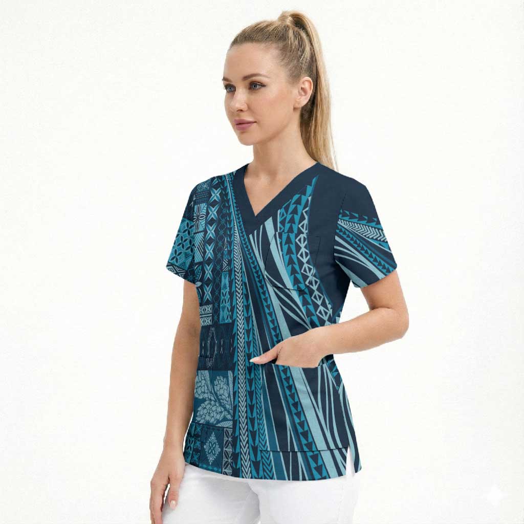 Pasifika Women's Day - Samoa Siapo Malu Tattoo Inspired Scrub Top Navy Blue LT7 - Polynesian Pride