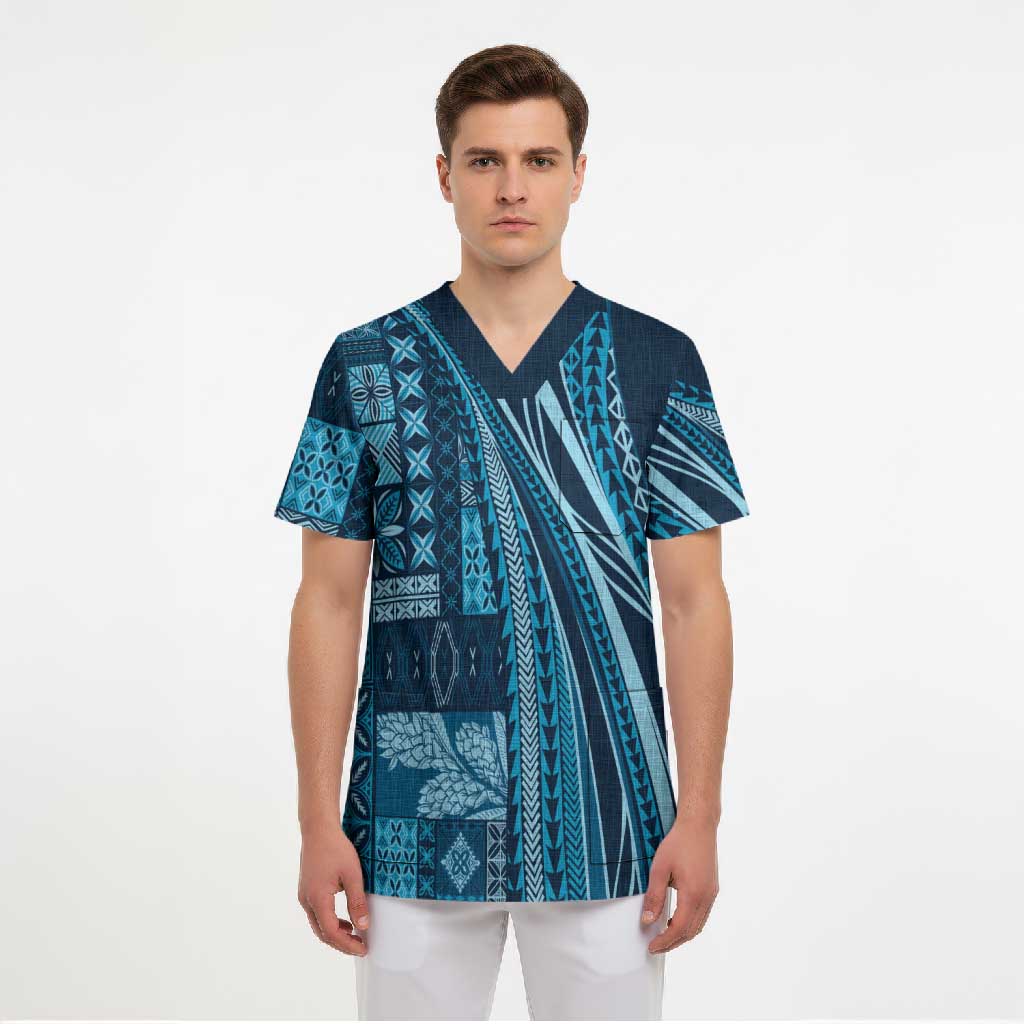 Pasifika Women's Day - Samoa Siapo Malu Tattoo Inspired Scrub Top Navy Blue LT7 - Polynesian Pride