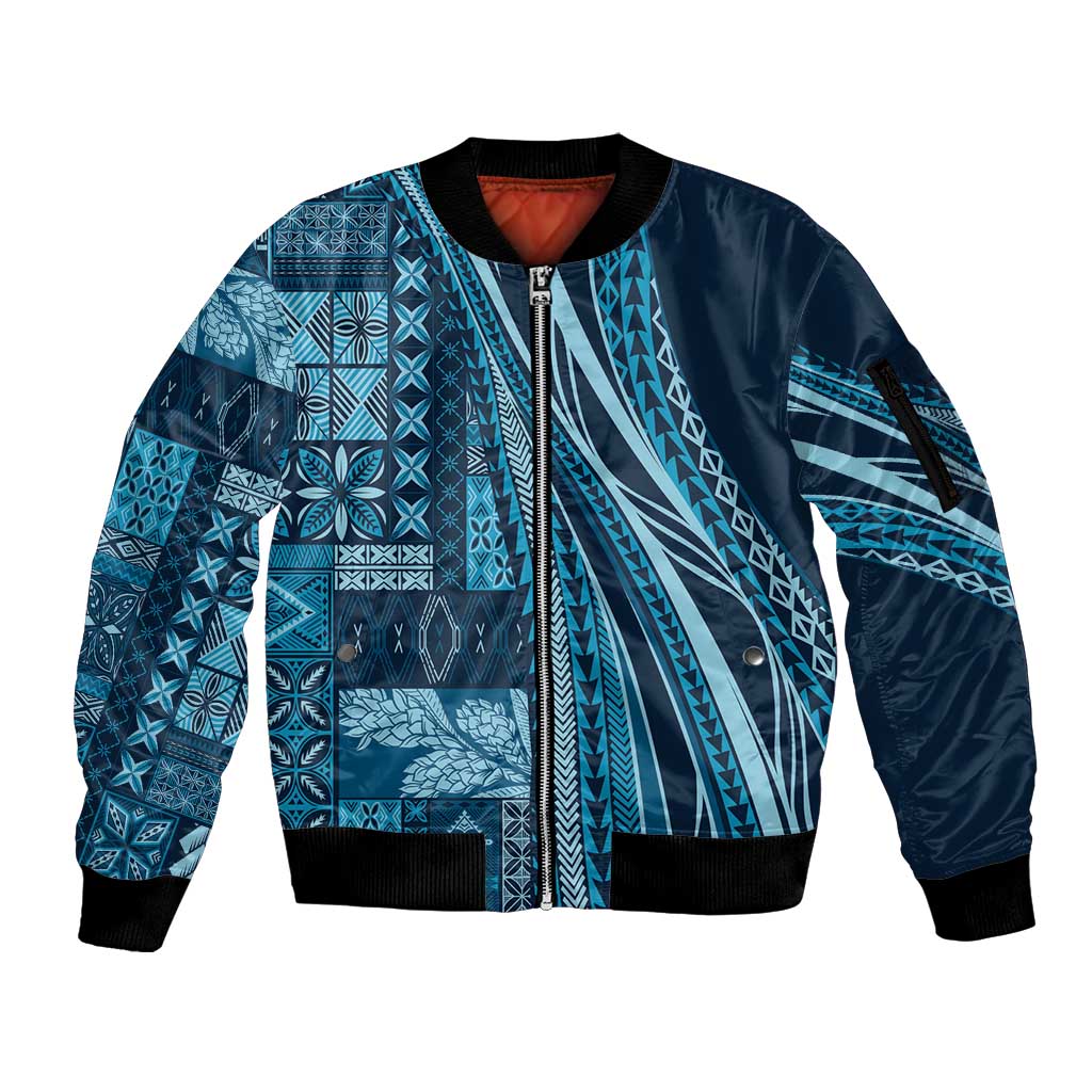 Pasifika Women's Day - Samoa Siapo Malu Tattoo Inspired Sleeve Zip Bomber Jacket Navy Blue LT7 Unisex Navy Blue - Polynesian Pride