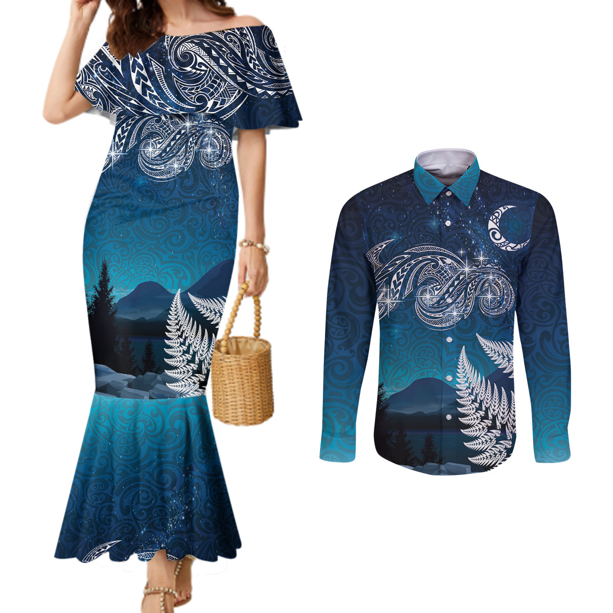 New Zealand Matariki Couples Matching Mermaid Dress and Long Sleeve Button Shirt Starry Night Style