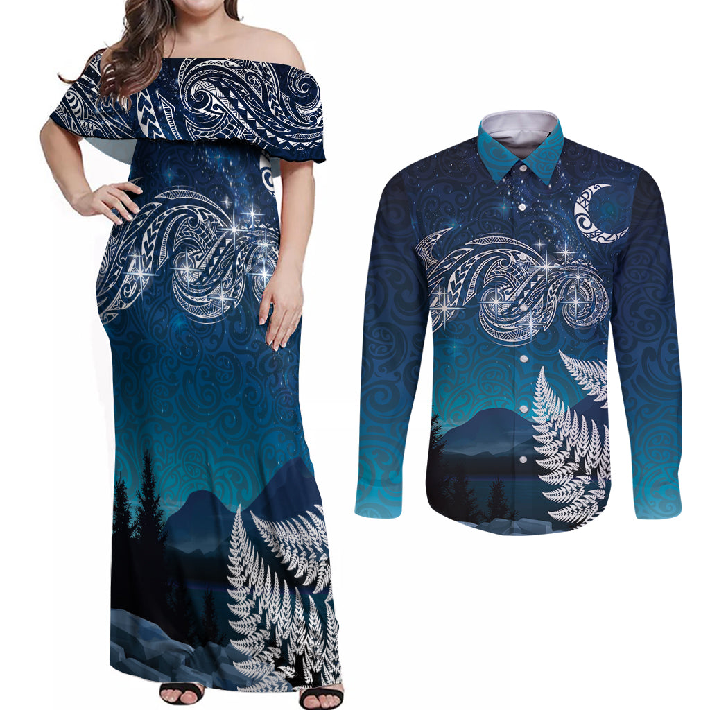 New Zealand Matariki Couples Matching Off Shoulder Maxi Dress and Long Sleeve Button Shirt Starry Night Style