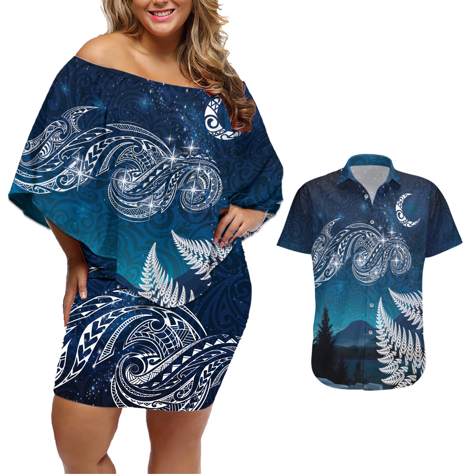 New Zealand Matariki Couples Matching Off Shoulder Short Dress and Hawaiian Shirt Starry Night Style