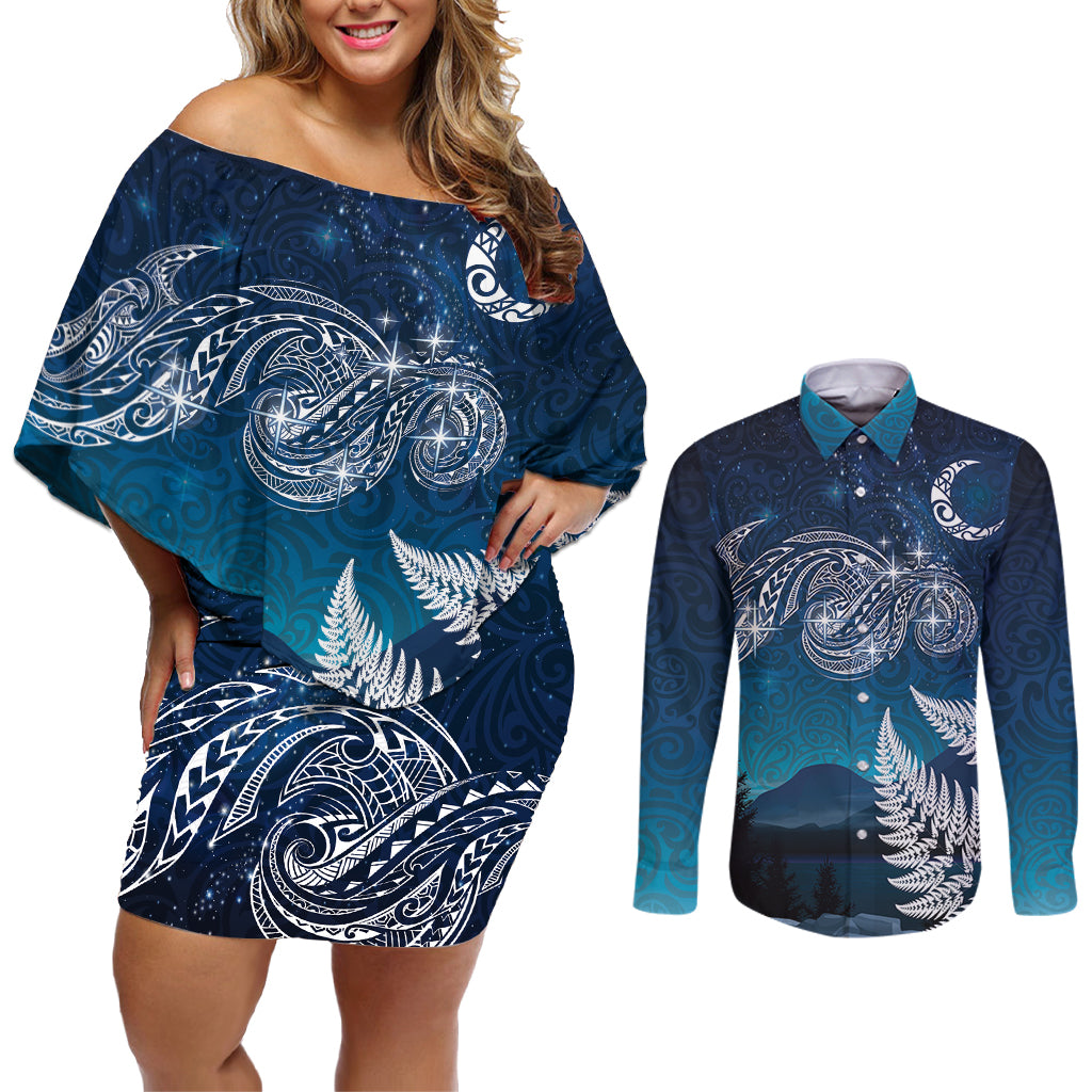 New Zealand Matariki Couples Matching Off Shoulder Short Dress and Long Sleeve Button Shirt Starry Night Style