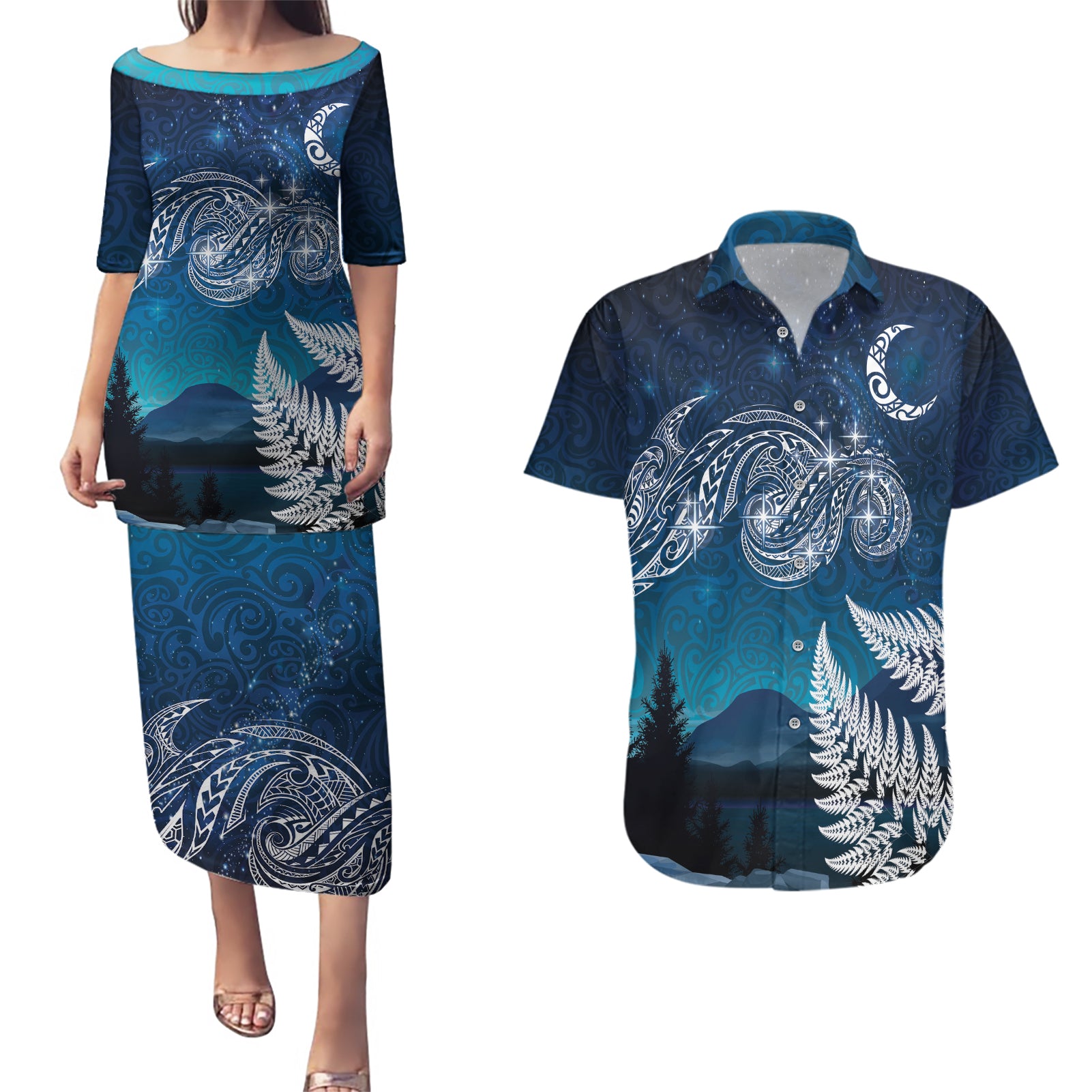 New Zealand Matariki Couples Matching Puletasi and Hawaiian Shirt Starry Night Style