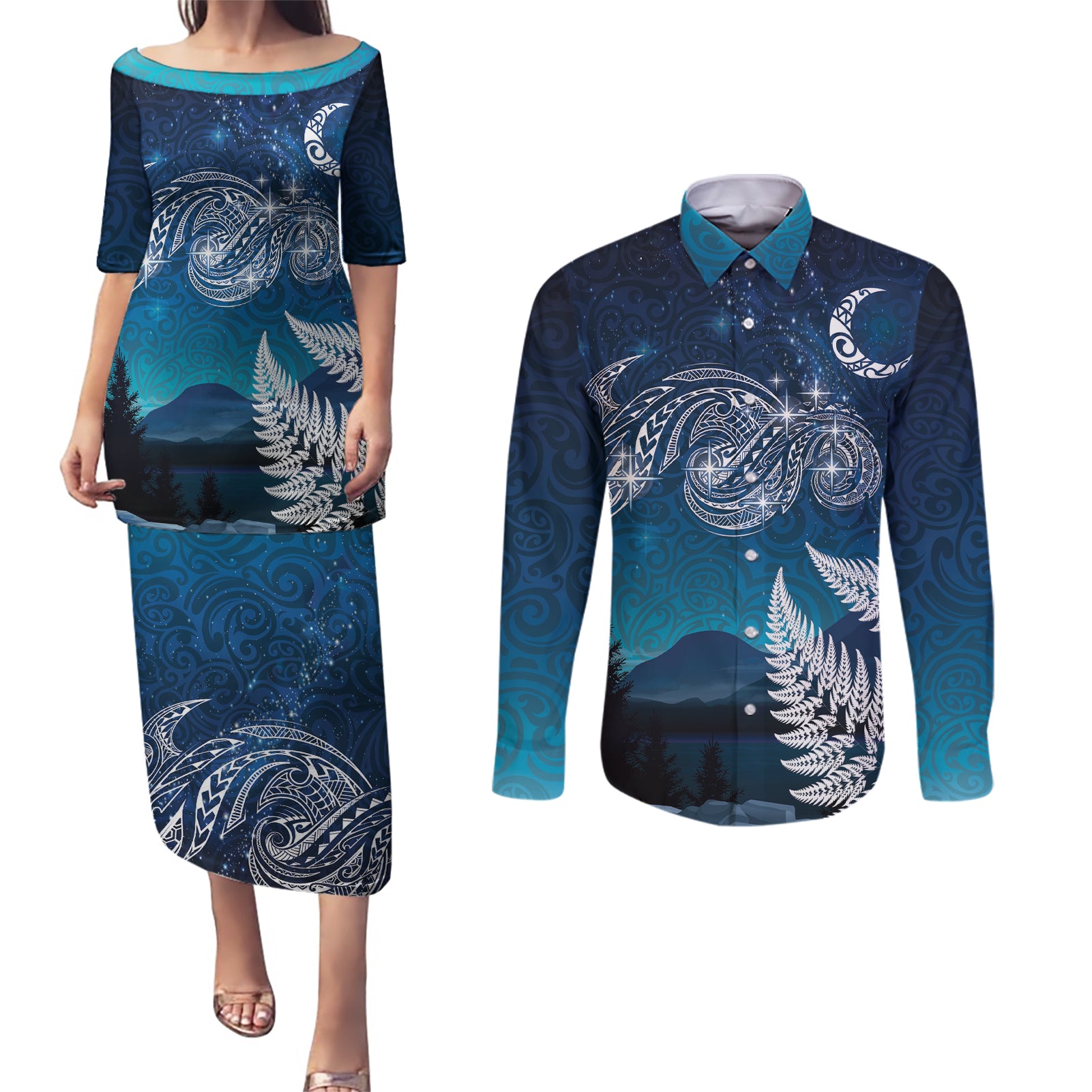 New Zealand Matariki Couples Matching Puletasi and Long Sleeve Button Shirt Starry Night Style