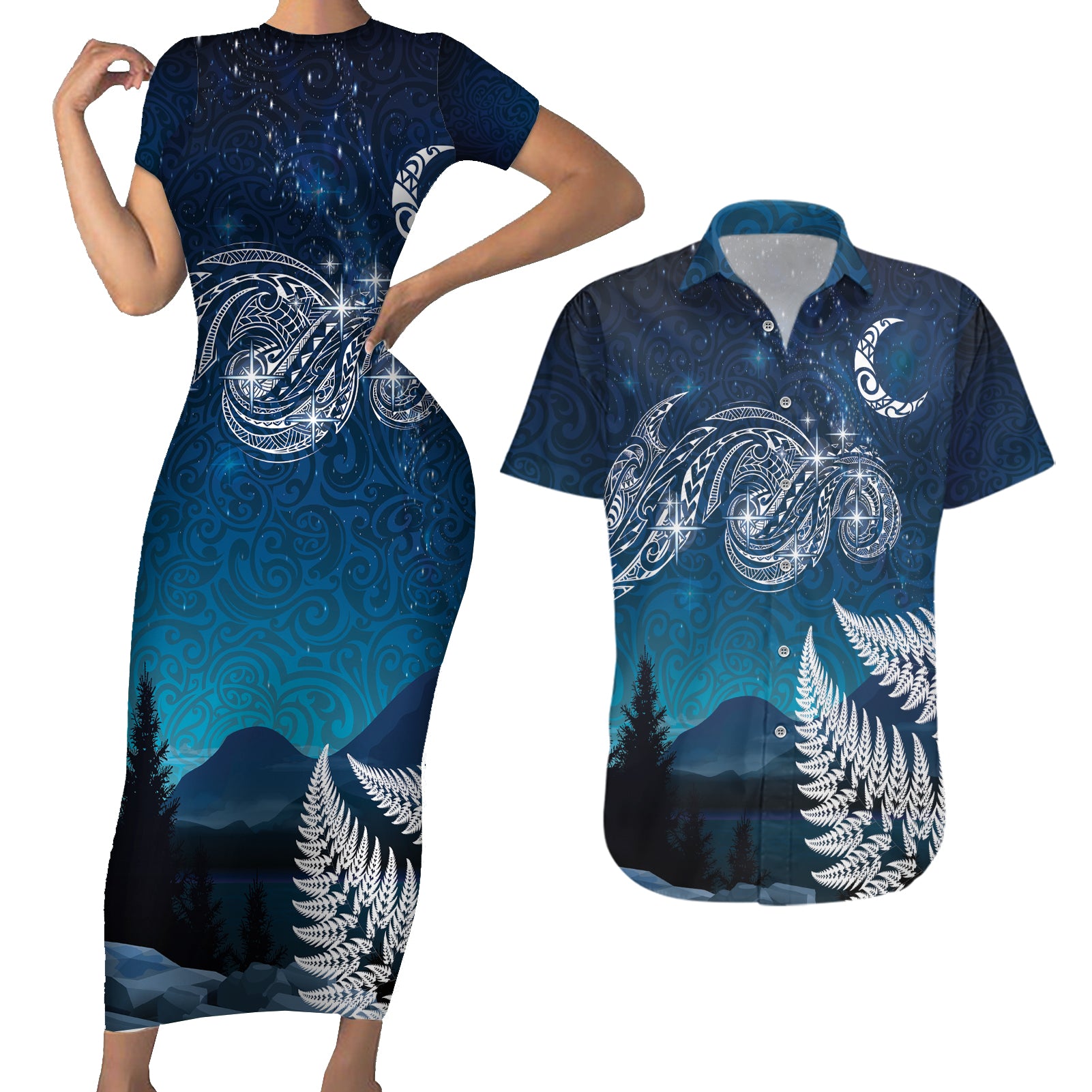 New Zealand Matariki Couples Matching Short Sleeve Bodycon Dress and Hawaiian Shirt Starry Night Style