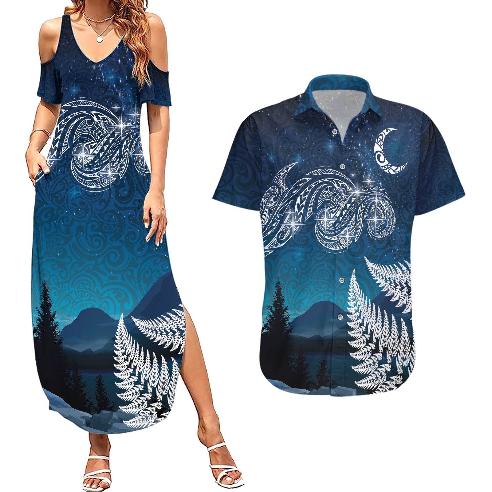 New Zealand Matariki Couples Matching Summer Maxi Dress and Hawaiian Shirt Starry Night Style