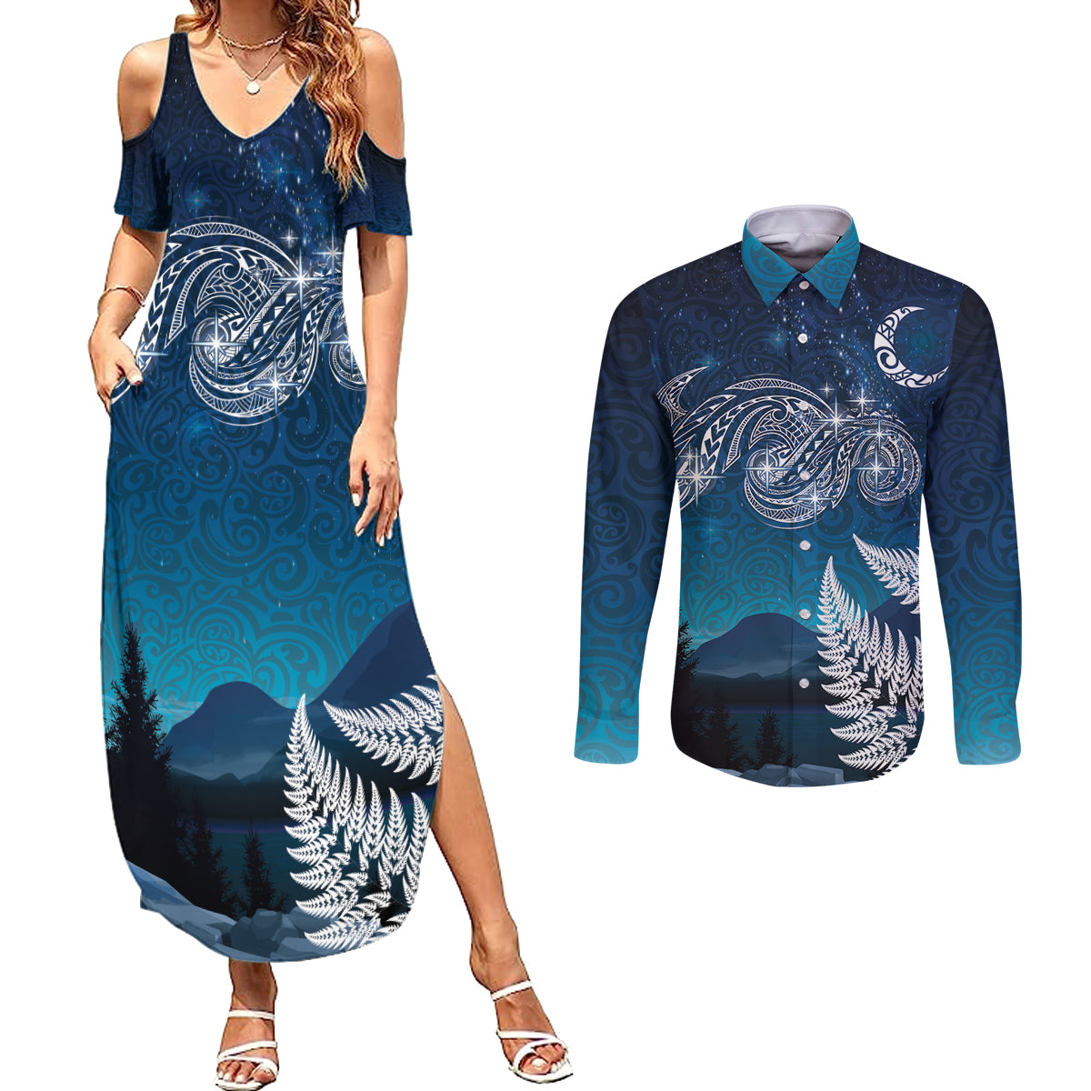 New Zealand Matariki Couples Matching Summer Maxi Dress and Long Sleeve Button Shirt Starry Night Style