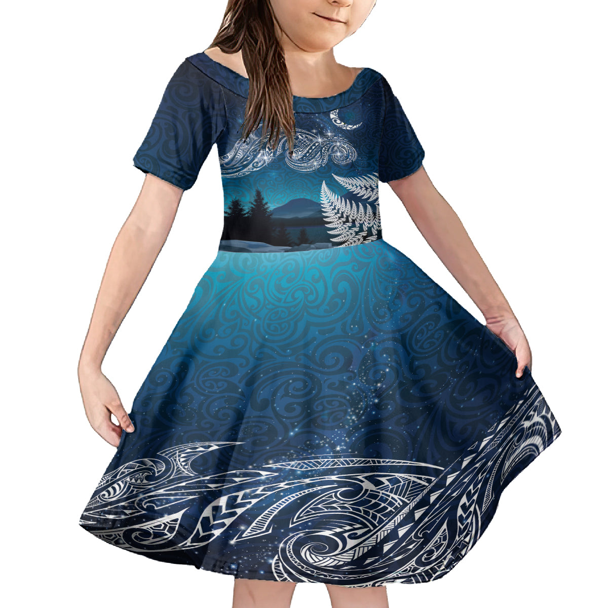 New Zealand Matariki Kid Short Sleeve Dress Starry Night Style LT7 KID Navy - Polynesian Pride