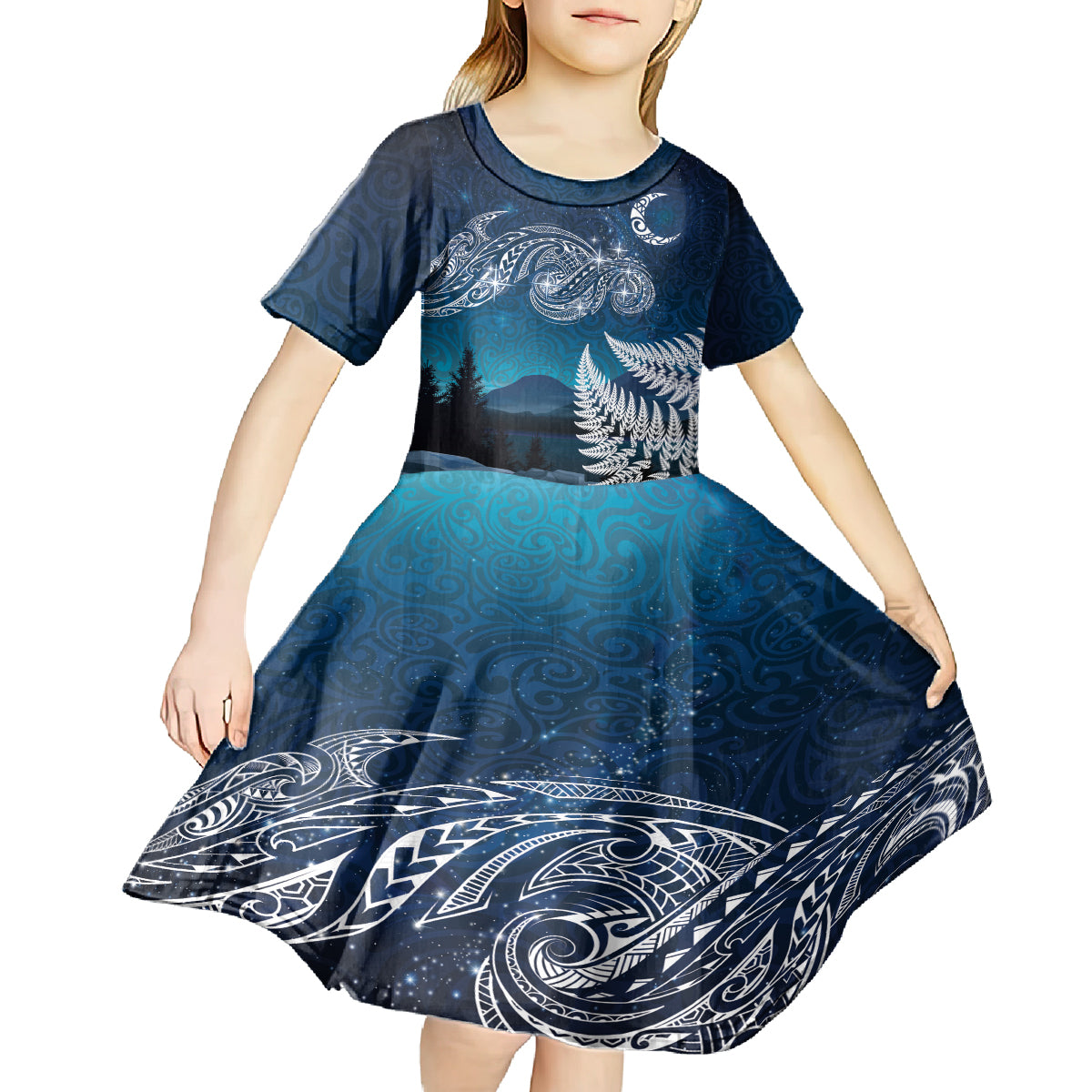 New Zealand Matariki Kid Short Sleeve Dress Starry Night Style LT7 - Polynesian Pride