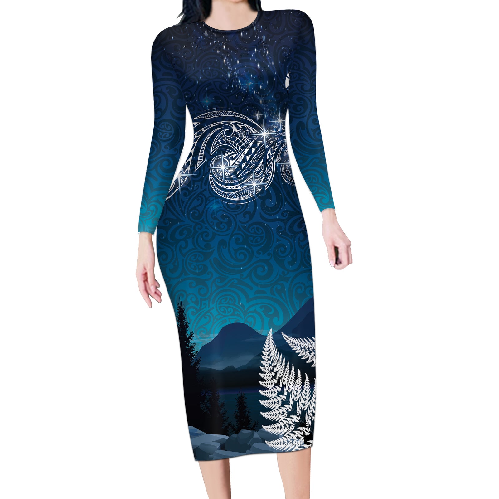 New Zealand Matariki Long Sleeve Bodycon Dress Starry Night Style LT7 Long Dress Navy - Polynesian Pride