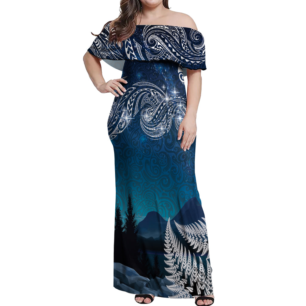 New Zealand Matariki Off Shoulder Maxi Dress Starry Night Style LT7 Women Navy - Polynesian Pride