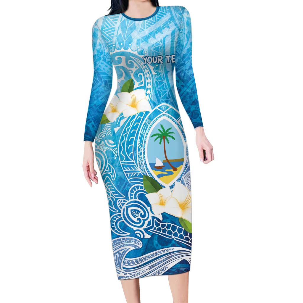 Hafa Adai Guam Chamorro Personalized Long Sleeve Bodycon Dress Ocean Blue Latte Stone with Guasali LT7 Long Dress Ocean Blue - Polynesian Pride