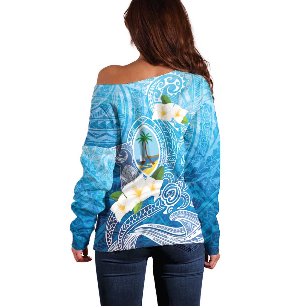 Hafa Adai Guam Chamorro Personalized Off Shoulder Sweater Ocean Blue Latte Stone with Guasali LT7 - Polynesian Pride