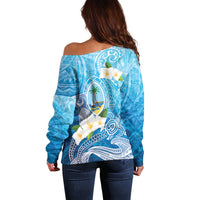 Hafa Adai Guam Chamorro Personalized Off Shoulder Sweater Ocean Blue Latte Stone with Guasali LT7 - Polynesian Pride