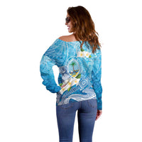Hafa Adai Guam Chamorro Personalized Off Shoulder Sweater Ocean Blue Latte Stone with Guasali LT7 - Polynesian Pride