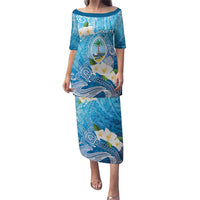 Hafa Adai Guam Chamorro Personalized Puletasi Ocean Blue Latte Stone with Guasali LT7 Long Dress Ocean Blue - Polynesian Pride