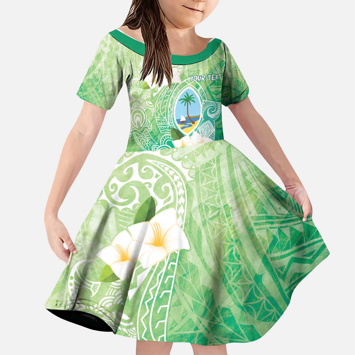 Hafa Adai Guam Chamorro Personalized Kid Short Sleeve Dress Summer Green Latte Stone with Guasali LT7 KID Summer Green - Polynesian Pride