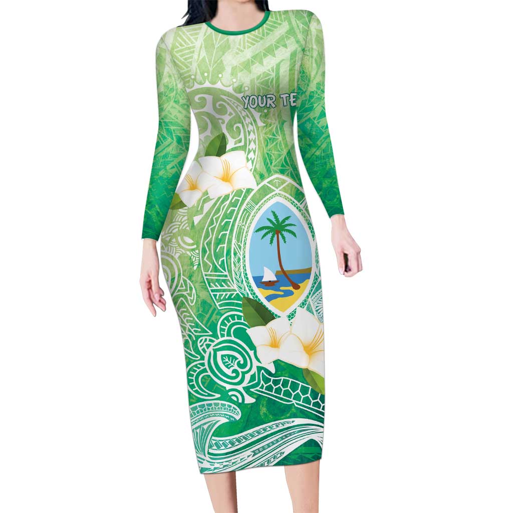 Hafa Adai Guam Chamorro Personalized Long Sleeve Bodycon Dress Summer Green Latte Stone with Guasali LT7 Long Dress Summer Green - Polynesian Pride