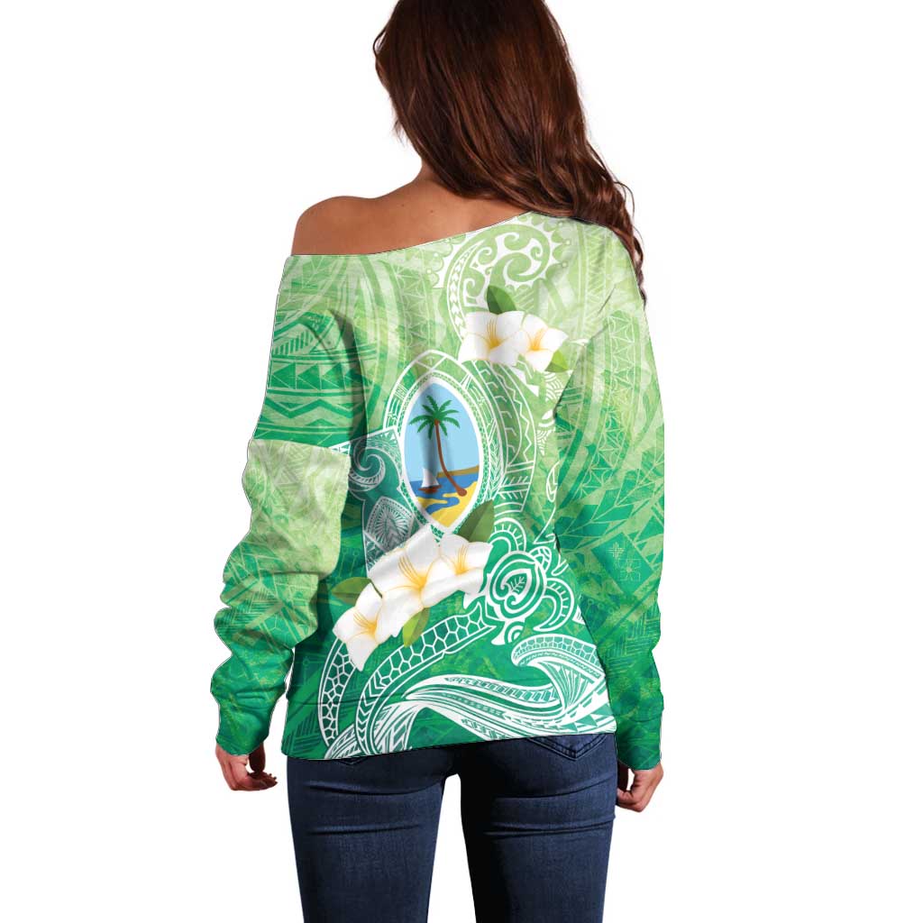 Hafa Adai Guam Chamorro Personalized Off Shoulder Sweater Summer Green Latte Stone with Guasali LT7 - Polynesian Pride