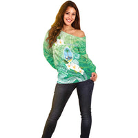 Hafa Adai Guam Chamorro Personalized Off Shoulder Sweater Summer Green Latte Stone with Guasali LT7 - Polynesian Pride