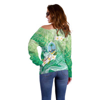 Hafa Adai Guam Chamorro Personalized Off Shoulder Sweater Summer Green Latte Stone with Guasali LT7 - Polynesian Pride