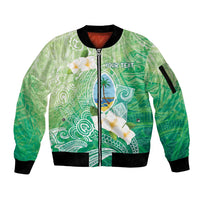 Hafa Adai Guam Chamorro Personalized Sleeve Zip Bomber Jacket Summer Green Latte Stone with Guasali LT7 Unisex Summer Green - Polynesian Pride