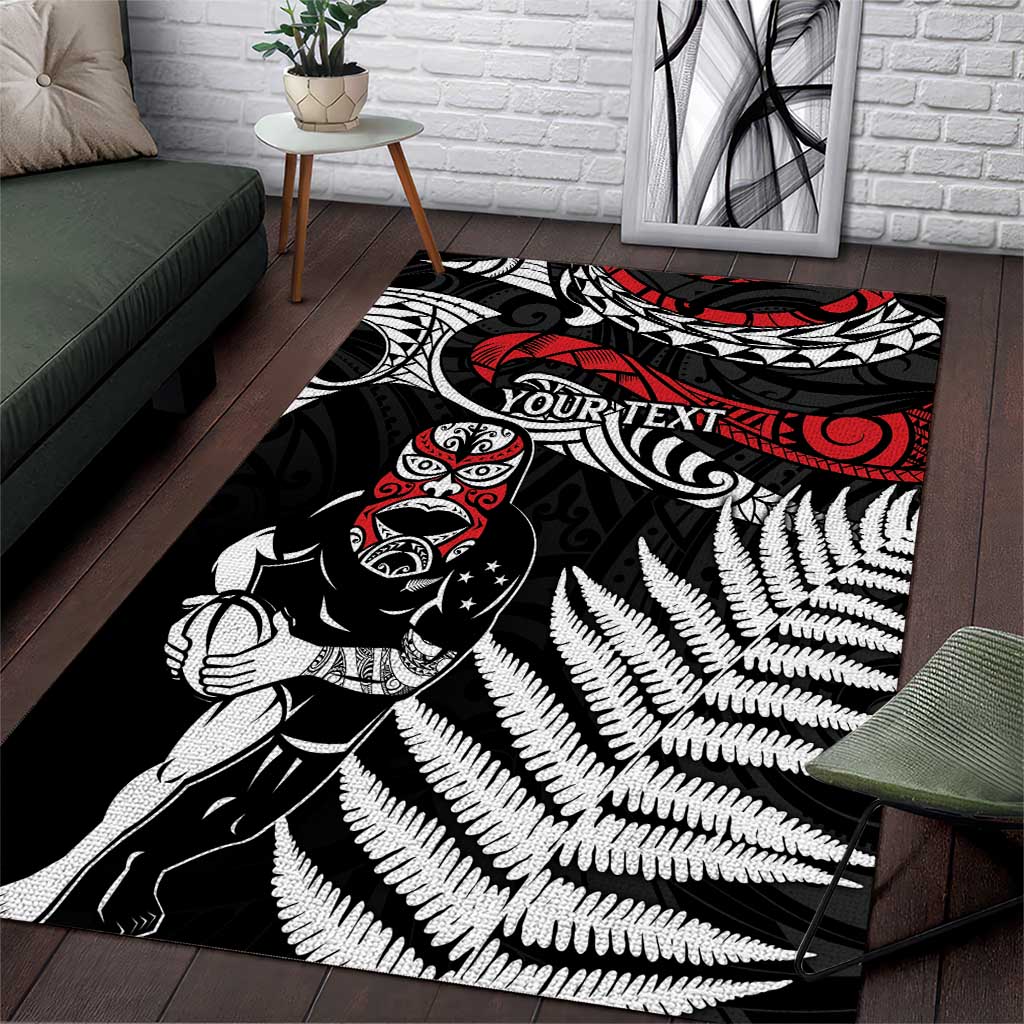 New Zealand Maori Rugby Personalised Area Rug Ta Moko Silver Fern