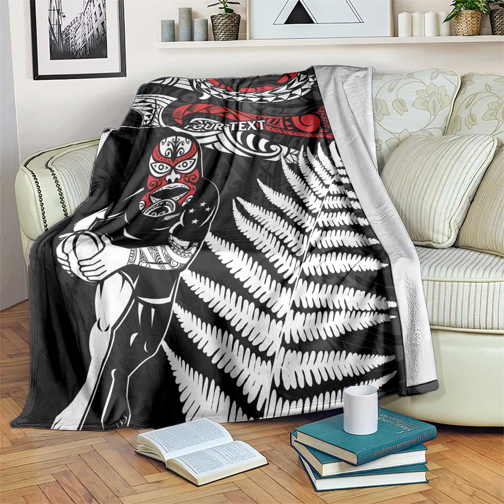 New Zealand Maori Rugby Personalised Blanket Ta Moko Silver Fern LT7 Black - Polynesian Pride
