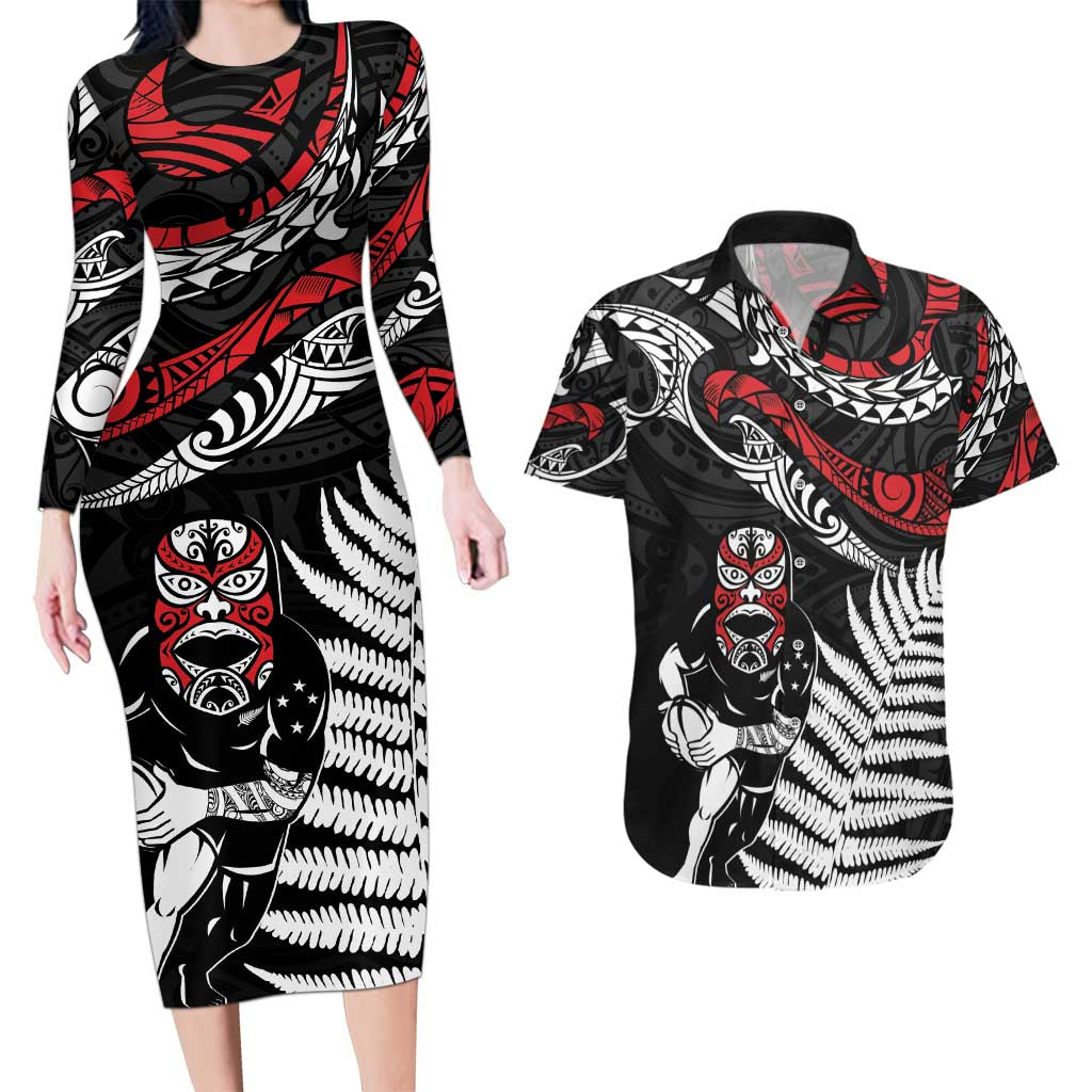 New Zealand Maori Rugby Personalised Couples Matching Long Sleeve Bodycon Dress and Hawaiian Shirt Ta Moko Silver Fern