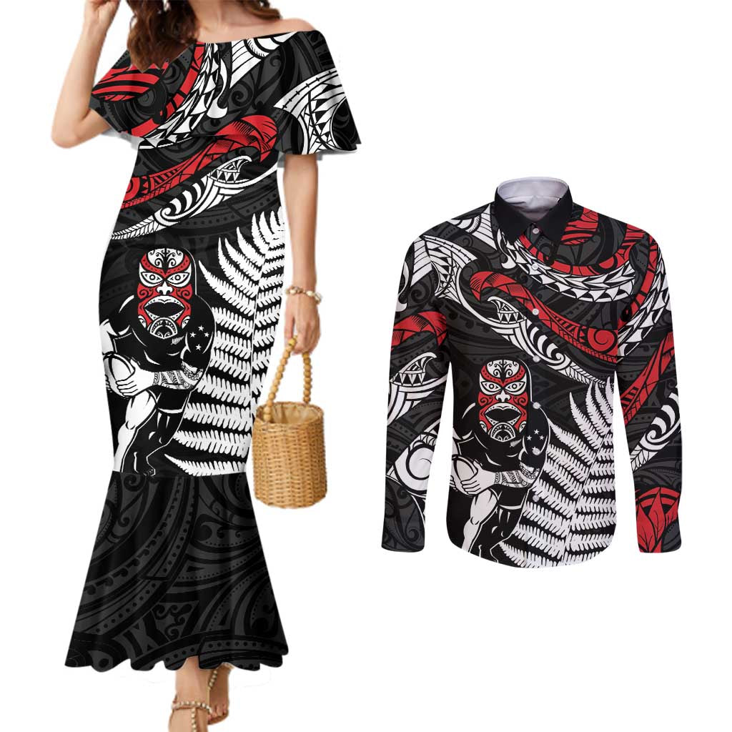 New Zealand Maori Rugby Personalised Couples Matching Mermaid Dress and Long Sleeve Button Shirt Ta Moko Silver Fern