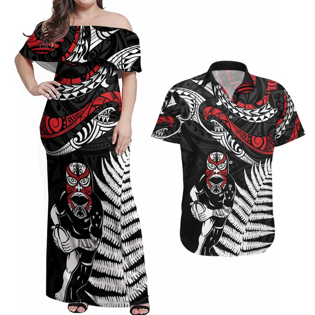 New Zealand Maori Rugby Personalised Couples Matching Off Shoulder Maxi Dress and Hawaiian Shirt Ta Moko Silver Fern