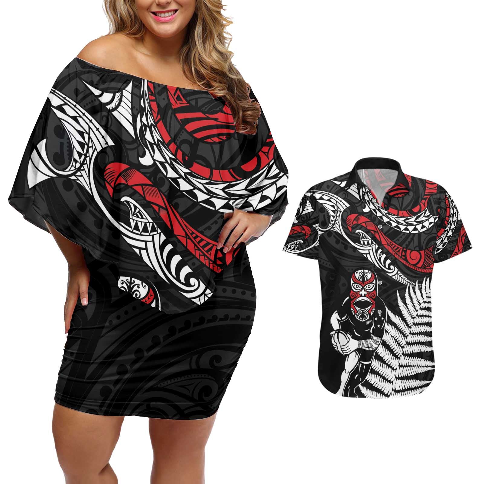 New Zealand Maori Rugby Personalised Couples Matching Off Shoulder Short Dress and Hawaiian Shirt Ta Moko Silver Fern