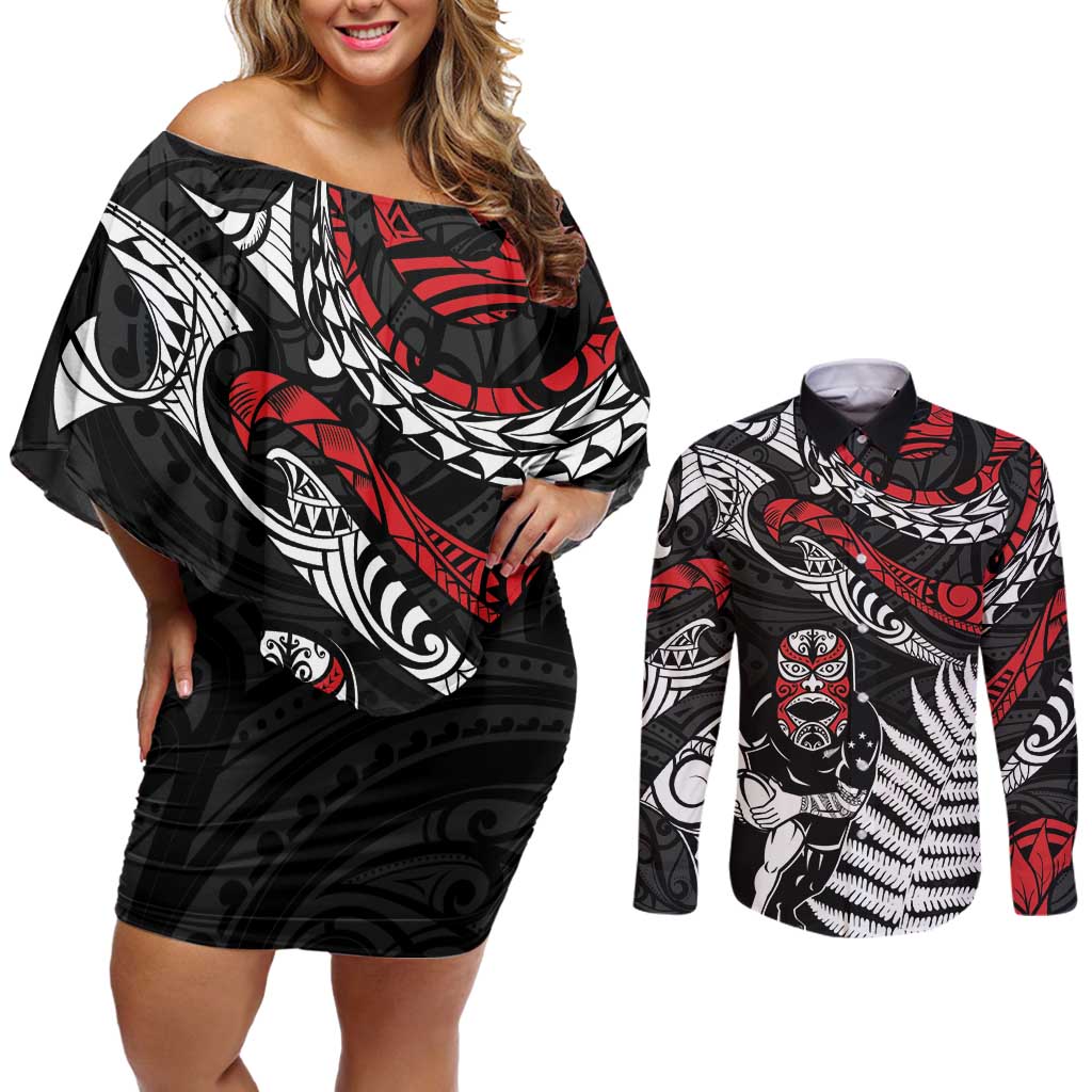 New Zealand Maori Rugby Personalised Couples Matching Off Shoulder Short Dress and Long Sleeve Button Shirt Ta Moko Silver Fern