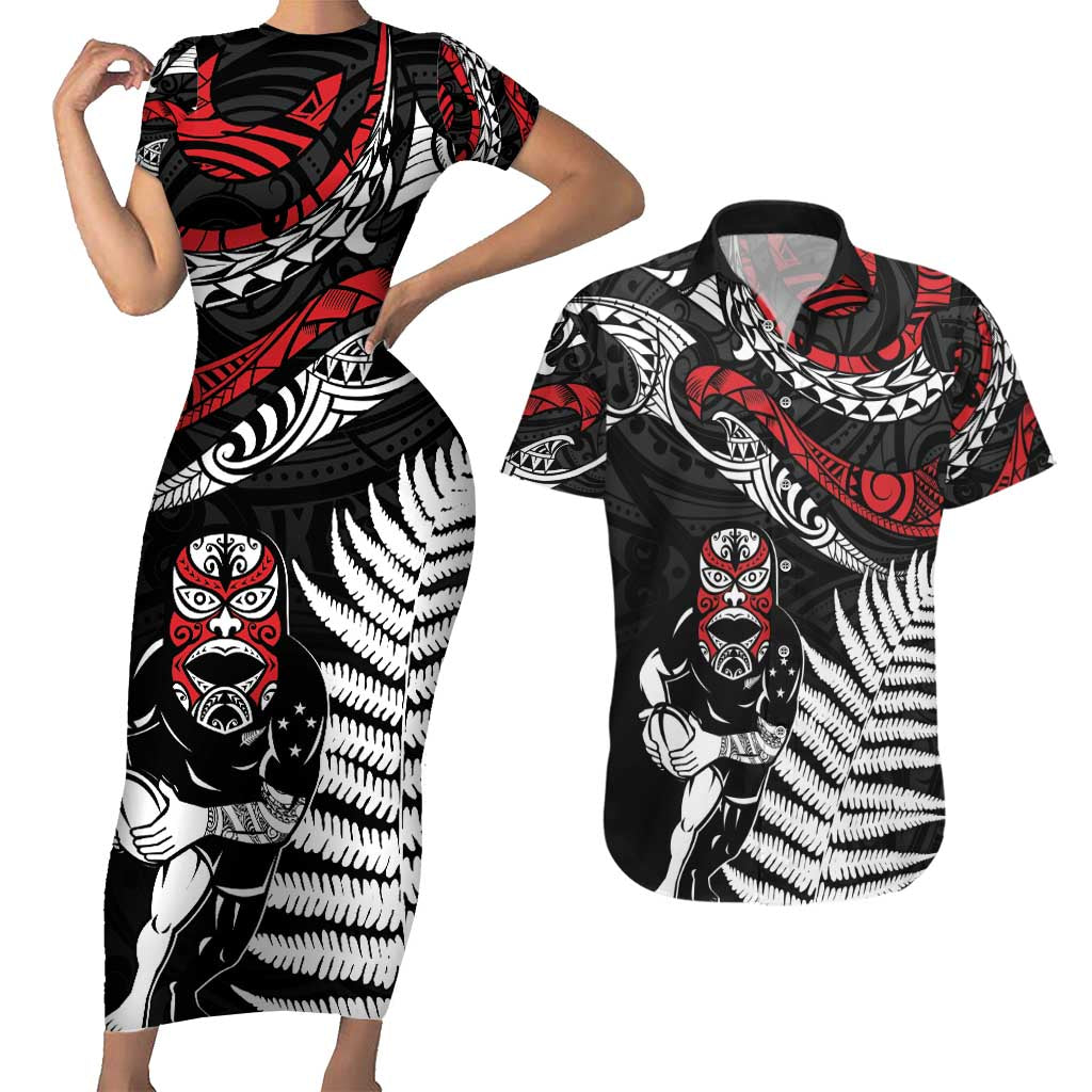 New Zealand Maori Rugby Personalised Couples Matching Short Sleeve Bodycon Dress and Hawaiian Shirt Ta Moko Silver Fern