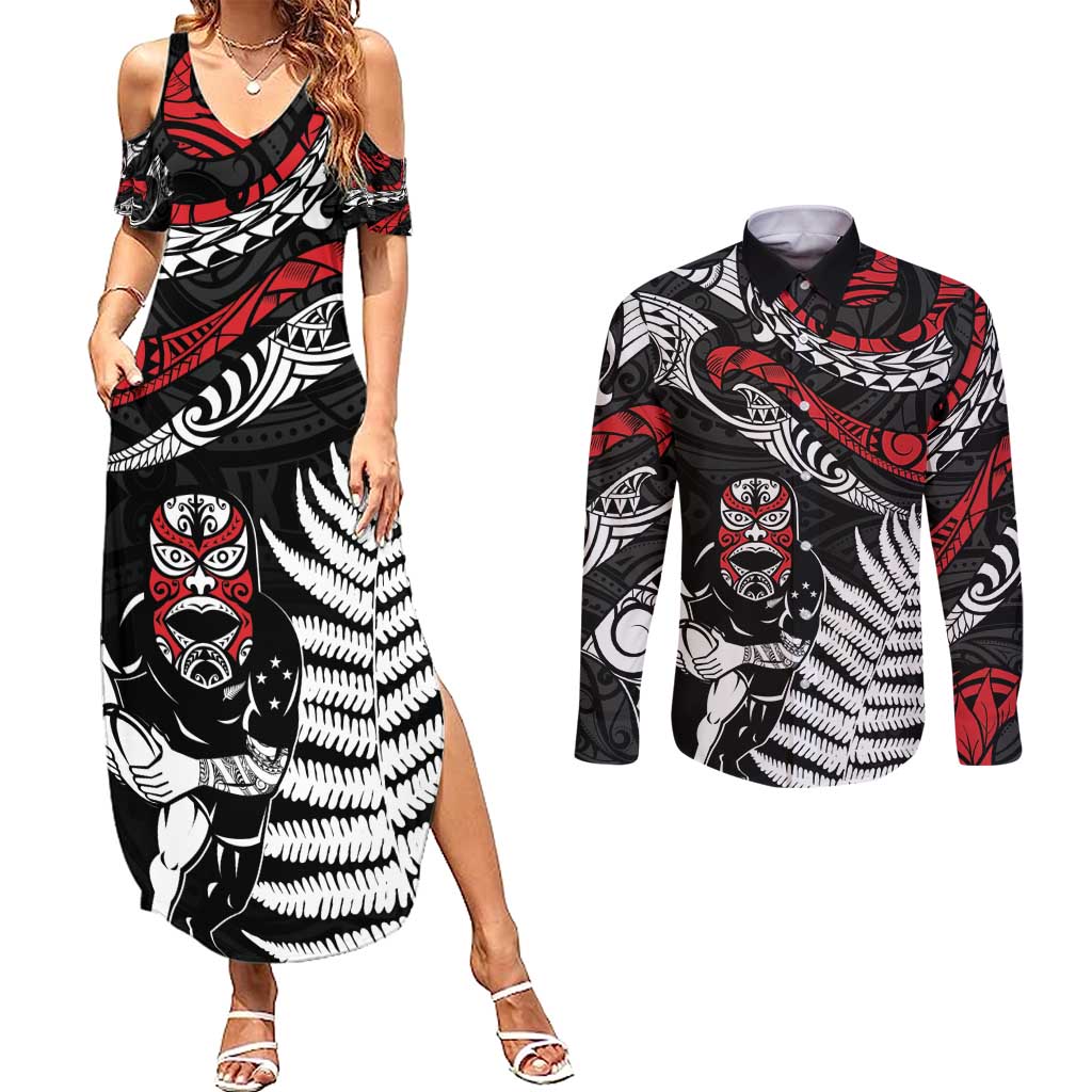 New Zealand Maori Rugby Personalised Couples Matching Summer Maxi Dress and Long Sleeve Button Shirt Ta Moko Silver Fern