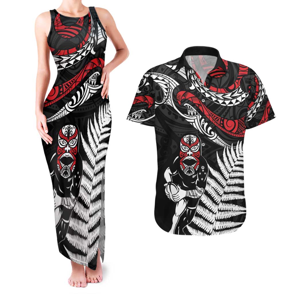 New Zealand Maori Rugby Personalised Couples Matching Tank Maxi Dress and Hawaiian Shirt Ta Moko Silver Fern