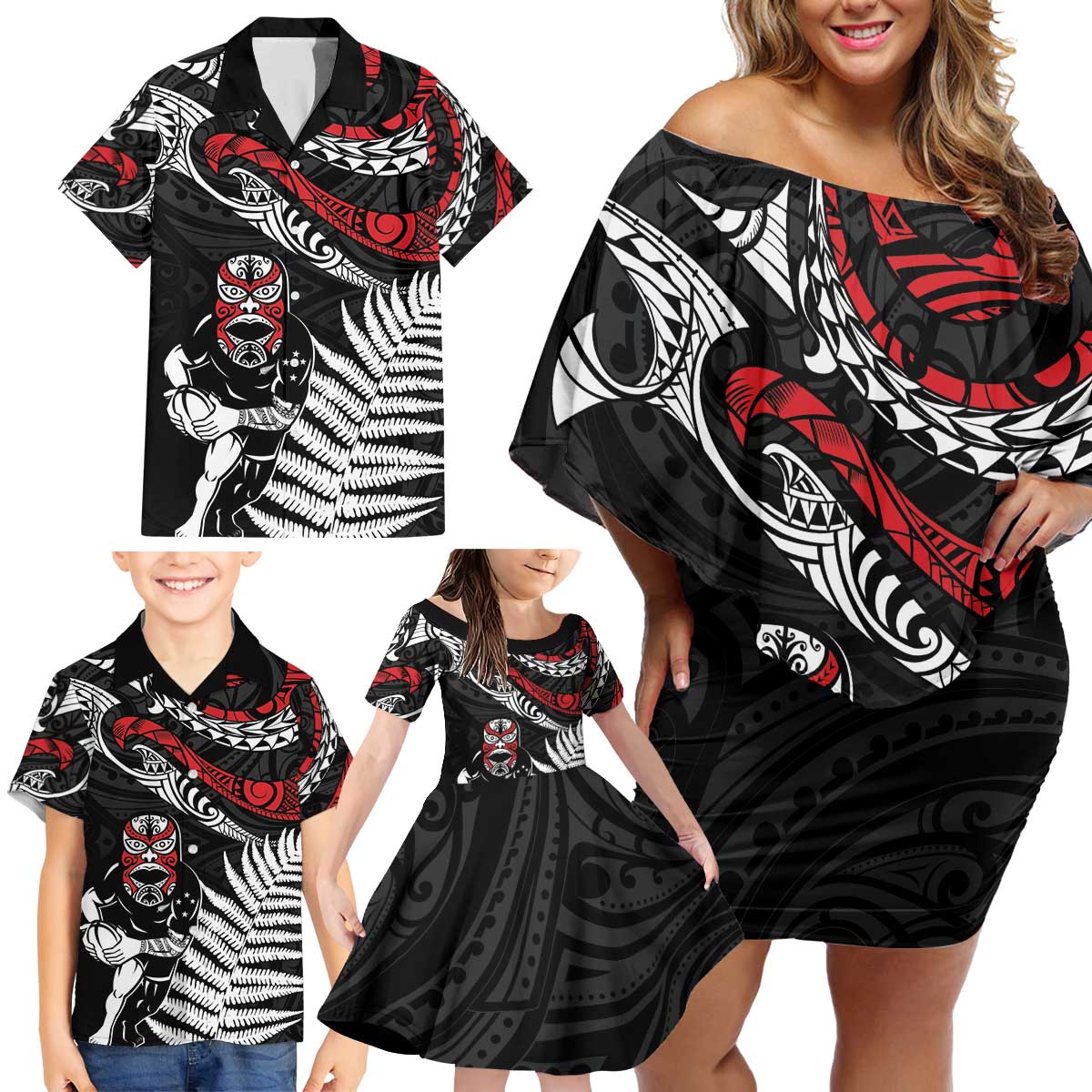 New Zealand Maori Rugby Personalised Family Matching Off Shoulder Short Dress and Hawaiian Shirt Ta Moko Silver Fern