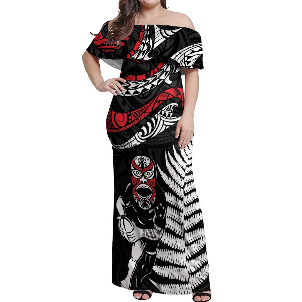 New Zealand Maori Rugby Personalised Off Shoulder Maxi Dress Ta Moko Silver Fern