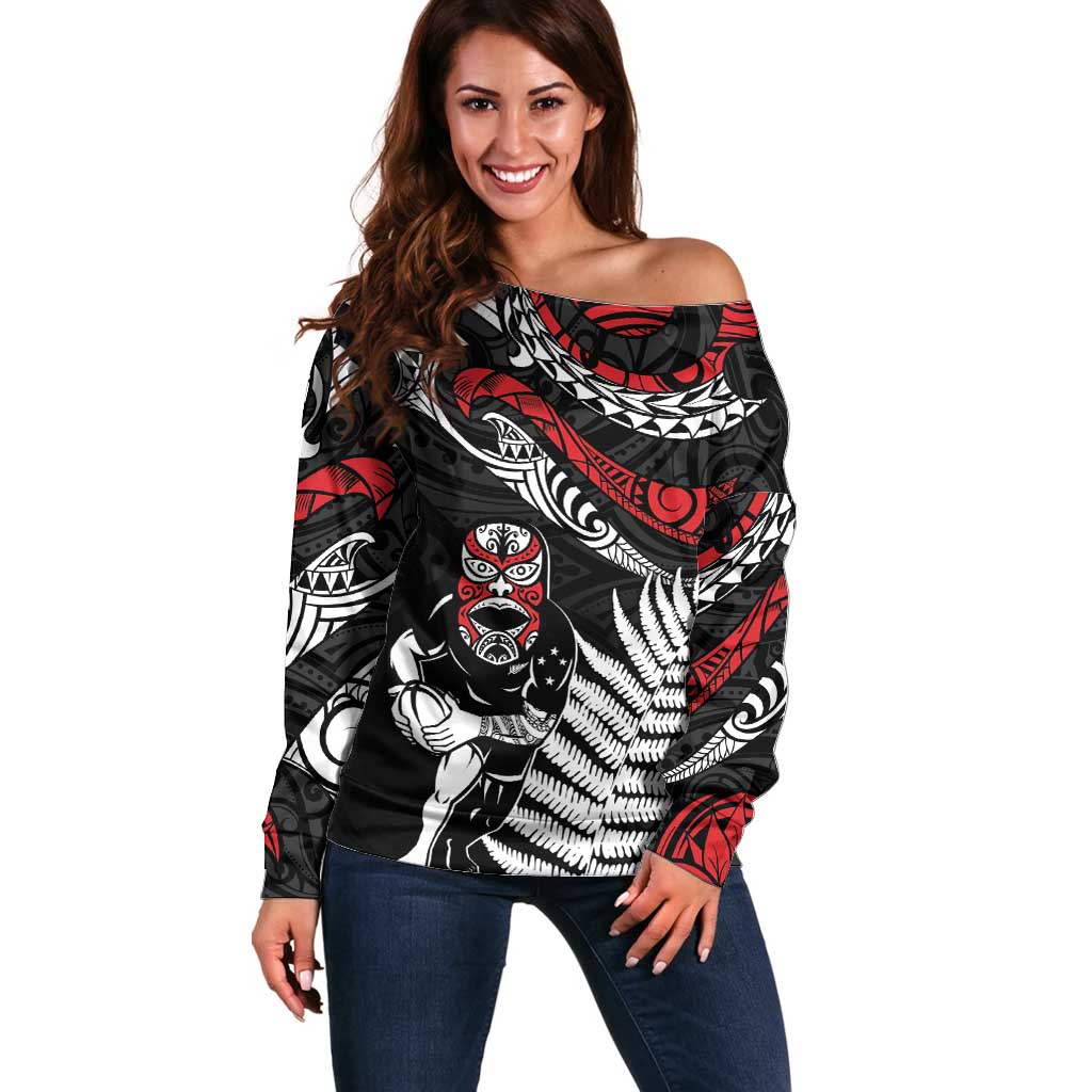 New Zealand Maori Rugby Personalised Off Shoulder Sweater Ta Moko Silver Fern LT7 Women Black - Polynesian Pride