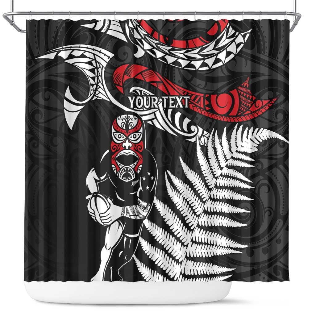 New Zealand Maori Rugby Personalised Shower Curtain Ta Moko Silver Fern