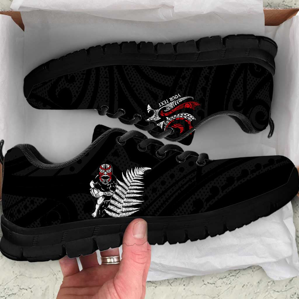 New Zealand Maori Rugby Personalised Sneakers Ta Moko Silver Fern LT7 Black - Polynesian Pride