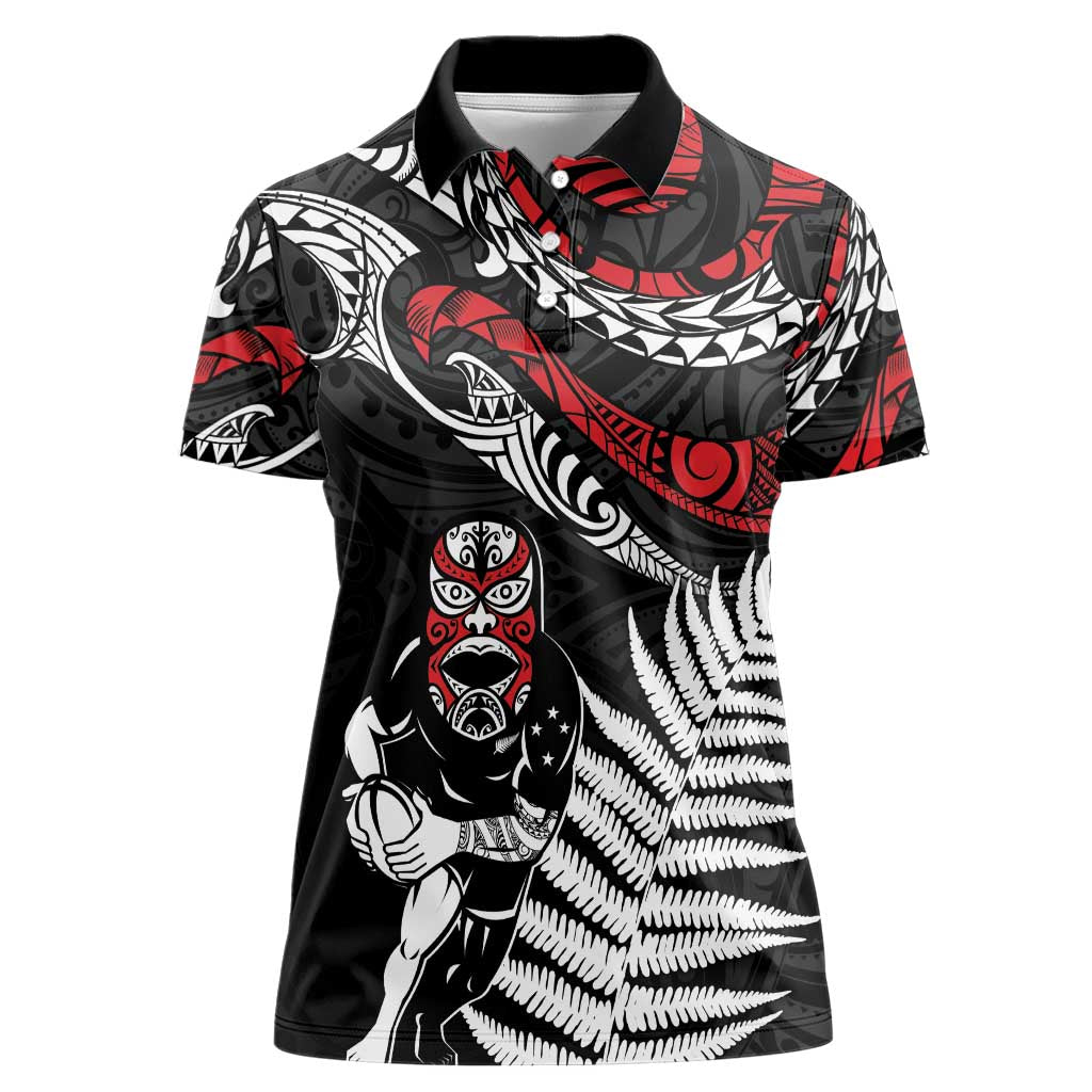 New Zealand Maori Rugby Personalised Women Polo Shirt Ta Moko Silver Fern LT7 Female Black - Polynesian Pride