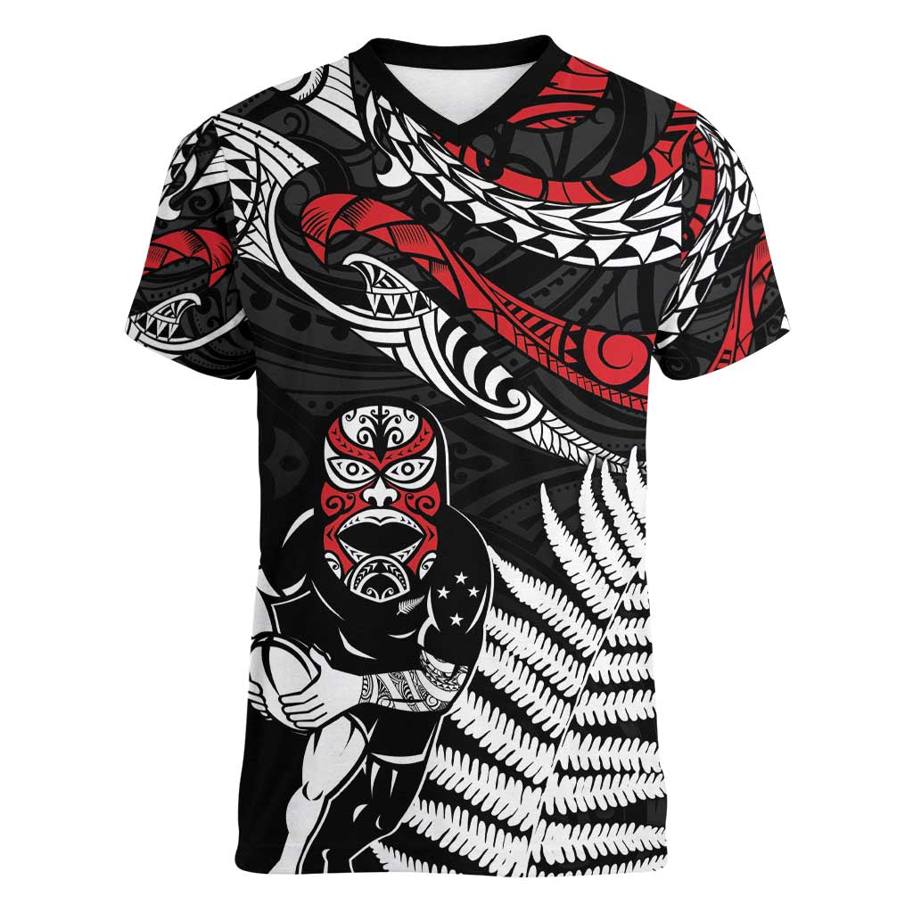 New Zealand Maori Rugby Personalised Women V-Neck T-Shirt Ta Moko Silver Fern