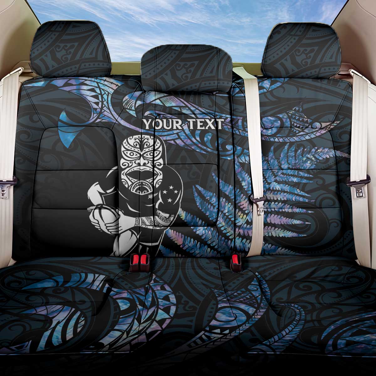 New Zealand Maori Rugby Personalised Back Car Seat Cover Ta Moko Silver Fern - Paua Blue