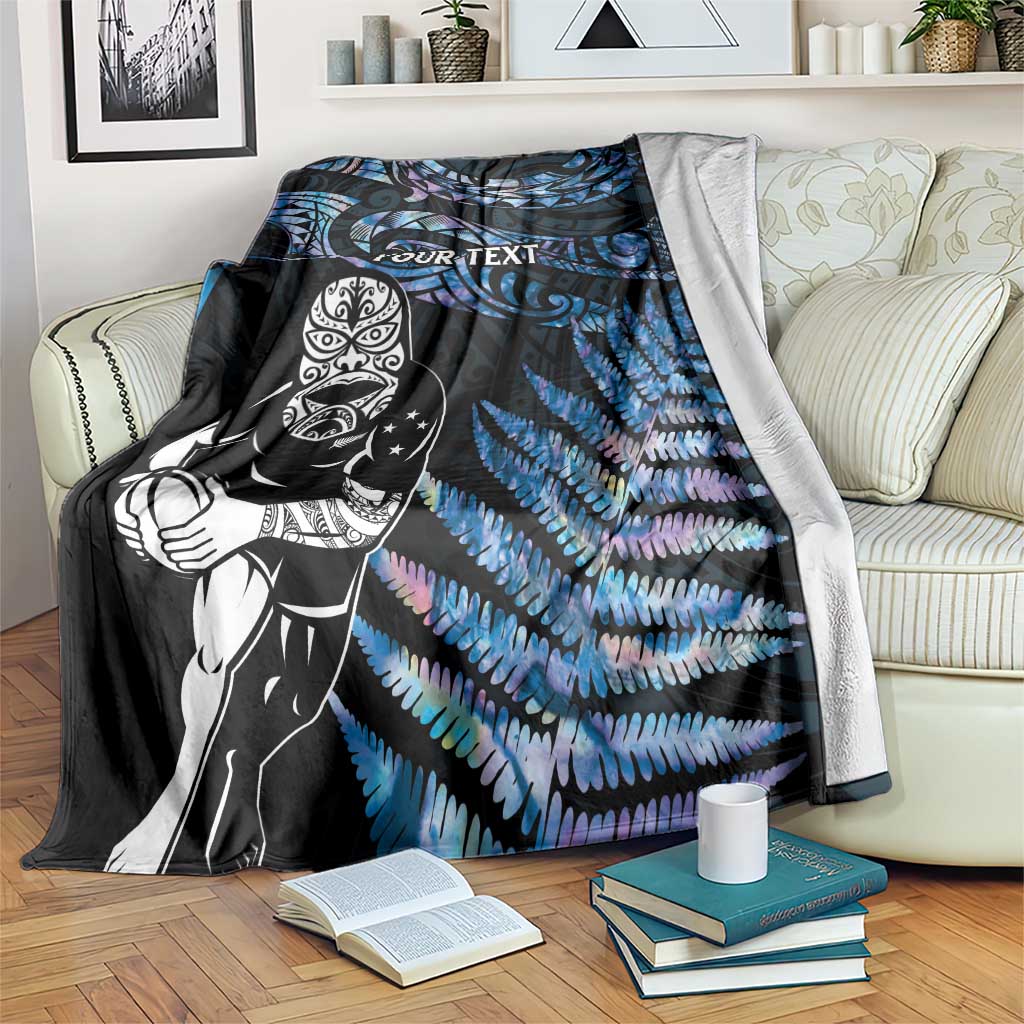 New Zealand Maori Rugby Personalised Blanket Ta Moko Silver Fern - Paua Blue