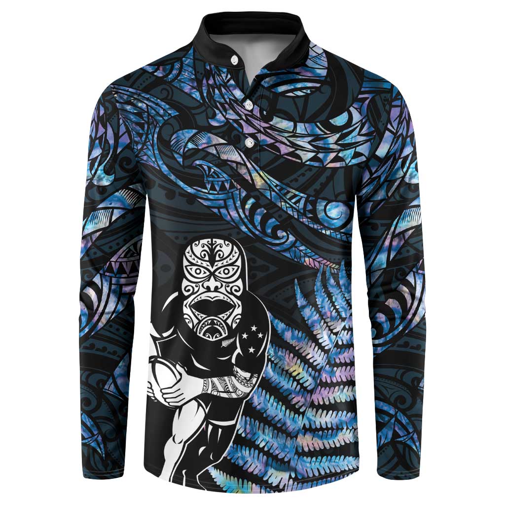 New Zealand Maori Rugby Personalised Button Sweatshirt Ta Moko Silver Fern - Paua Blue LT7 Blue - Polynesian Pride