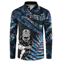 New Zealand Maori Rugby Personalised Button Sweatshirt Ta Moko Silver Fern - Paua Blue LT7 Blue - Polynesian Pride