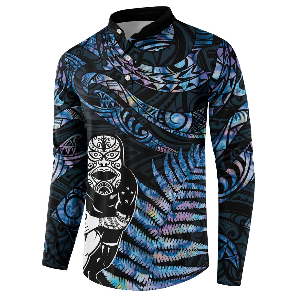 New Zealand Maori Rugby Personalised Button Sweatshirt Ta Moko Silver Fern - Paua Blue LT7 - Polynesian Pride
