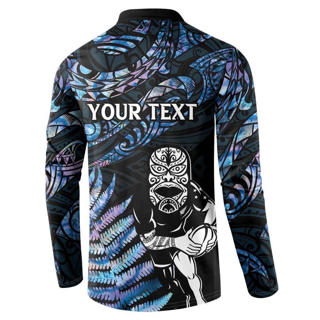 New Zealand Maori Rugby Personalised Button Sweatshirt Ta Moko Silver Fern - Paua Blue LT7 - Polynesian Pride